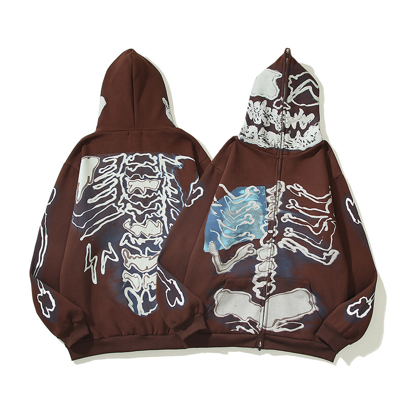 Wholesale Y2K Skeleton Full Zip Hoodies | Custom Logo Streetwear Sweatshirts | OEM ODM Oversized Urban Techwear Factory