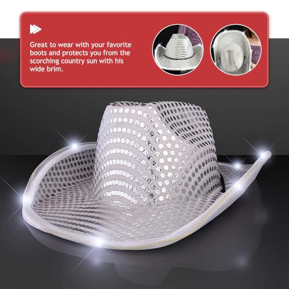 Factory Price Glitter Disco Sequin Cowgirl Hat with LED Light Brim for Women Men Space Themed Party