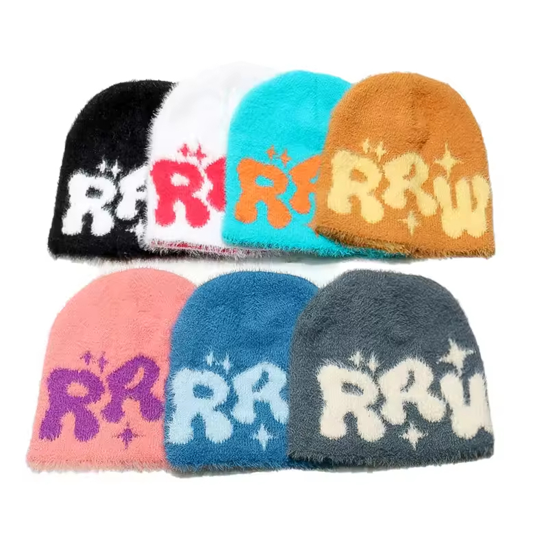 Wholesale Custom Logo Y2K Mohair Beanies | Soft Fluffy Star Jacquard Knit Hats | OEM ODM Premium Mink Fur Winter Headwear
