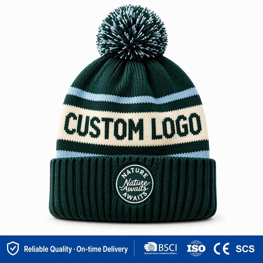 Wholesale Custom Nature Awaits Striped Beanies | Low MOQ 30-50pcs Pom-Pom Hats | BSCI ISO Certified Factory Outdoor Knit Caps