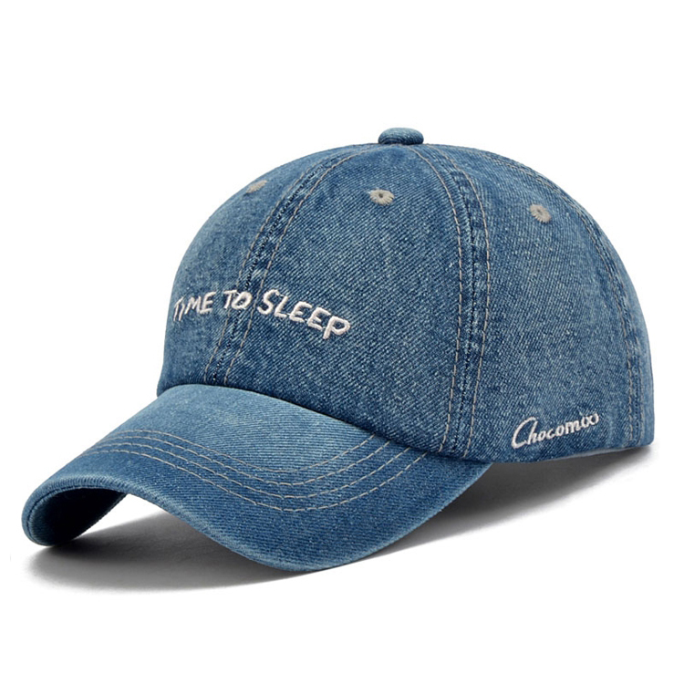 Wholesale Washed Denim Script Embroidery Dad Hats Adjustable Metal Buckle Unisex Street Caps