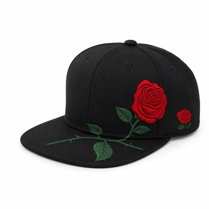 Wholesale Custom 3D Rose Embroidery Snapback Hats | Premium Black Flat Brim Baseball Caps | OEM ODM Floral Streetwear Headwear