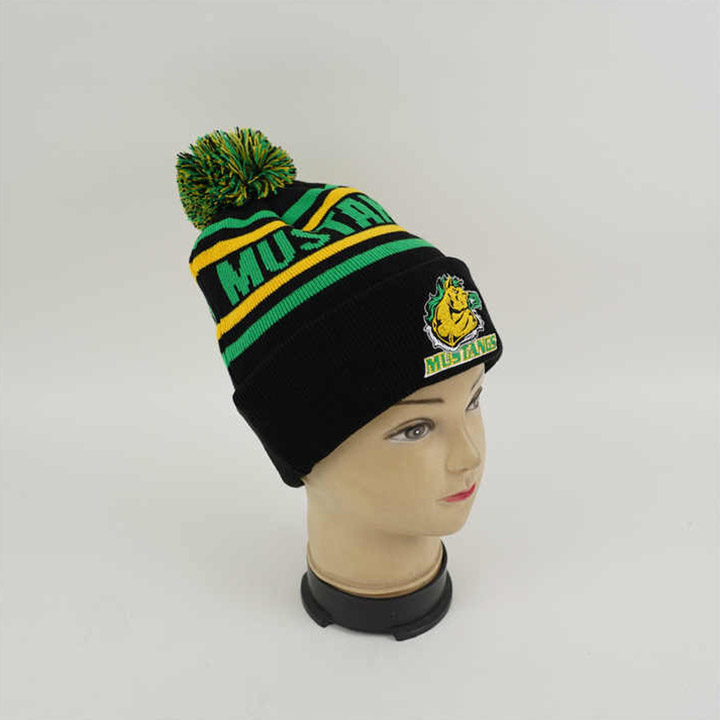 Custom Logo Winter Jacquard Pom Pom Hat With Top Ball Custom Jacquard Design Acrylic Knit Pom Beanie