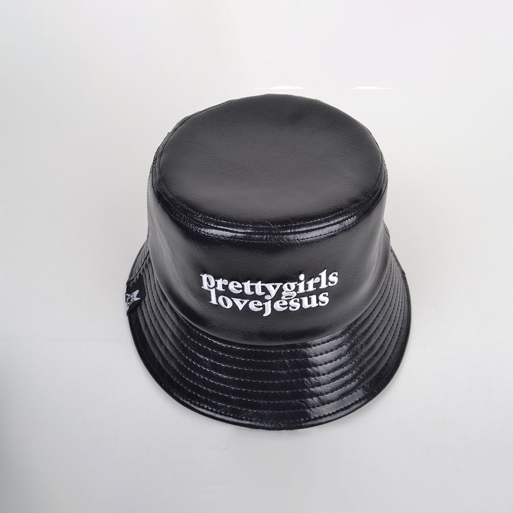 Wholesale Prettygirls Lovejesus Embroidered Faux Leather Bucket Hat for Women Fashion Streetwear Daily Wear