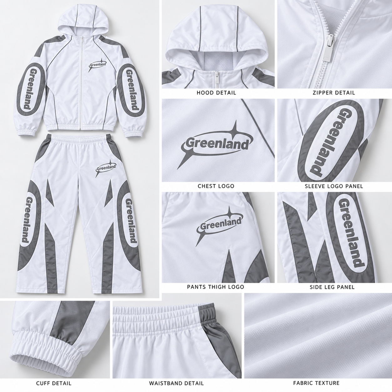 Wholesale Custom Greenland Techwear Tracksuit | Y2K Aesthetic Hooded Windbreaker & Joggers | OEM ODM Urban Sports Apparel Set