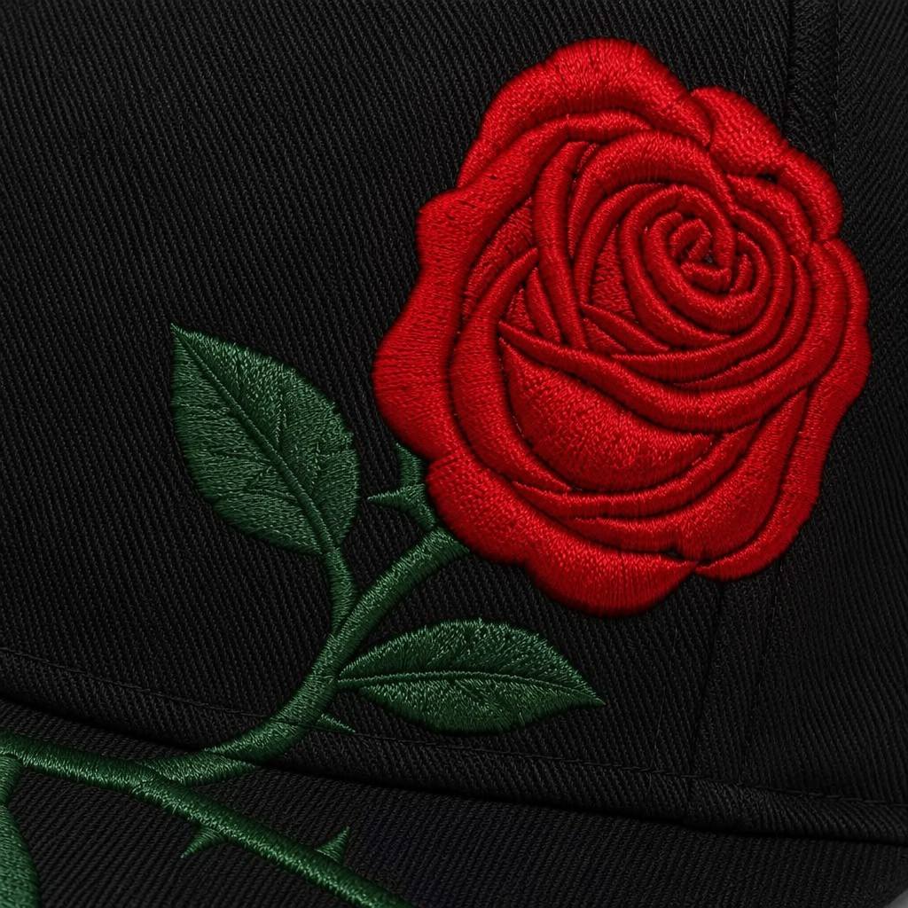 Wholesale Custom 3D Rose Embroidery Snapback Hats | Premium Black Flat Brim Baseball Caps | OEM ODM Floral Streetwear Headwear