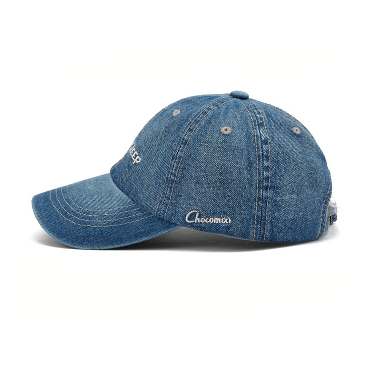 Wholesale Washed Denim Script Embroidery Dad Hats Adjustable Metal Buckle Unisex Street Caps