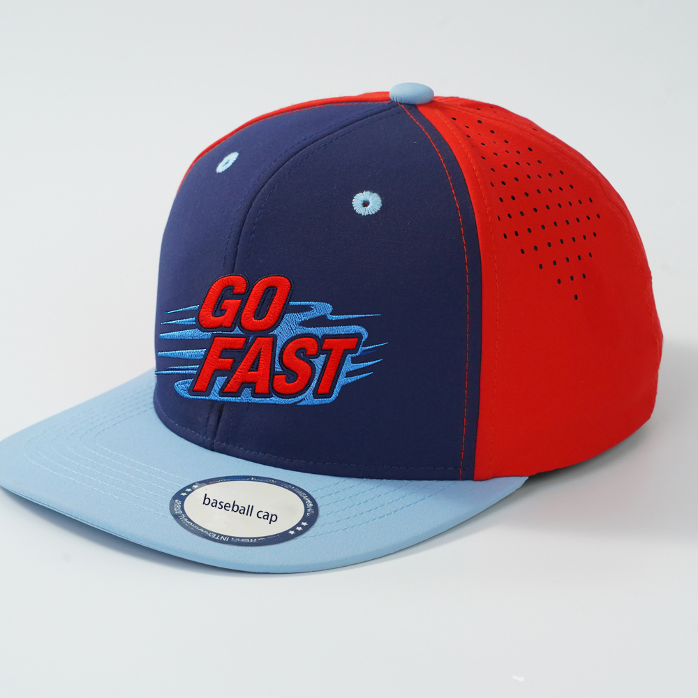 Wholesale Performance Fabric Color Block Flat Bill Snapback Caps Laser Perforated 3D Embroidery for Sports Team Apparel