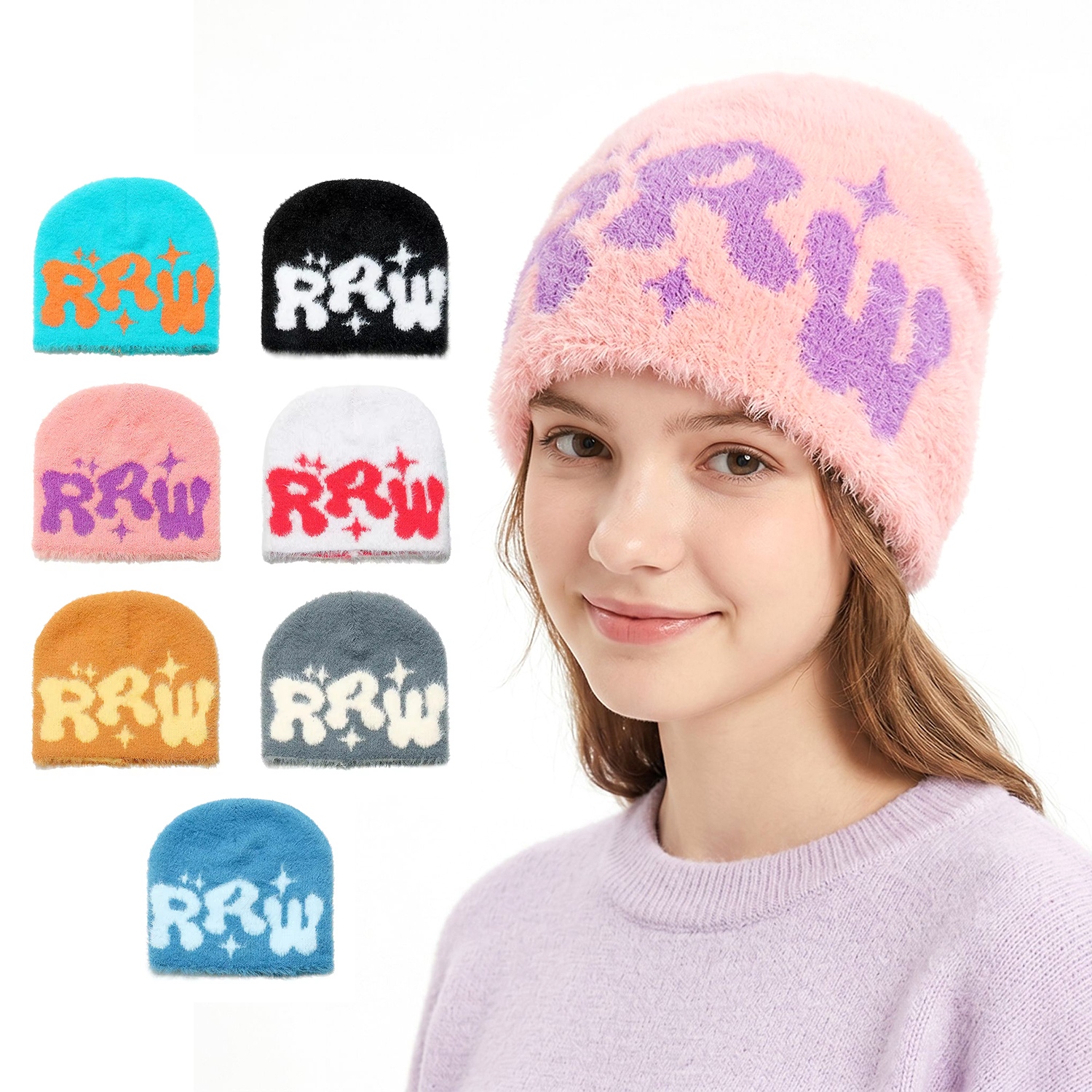Wholesale Custom Logo Y2K Mohair Beanies | Soft Fluffy Star Jacquard Knit Hats | OEM ODM Premium Mink Fur Winter Headwear