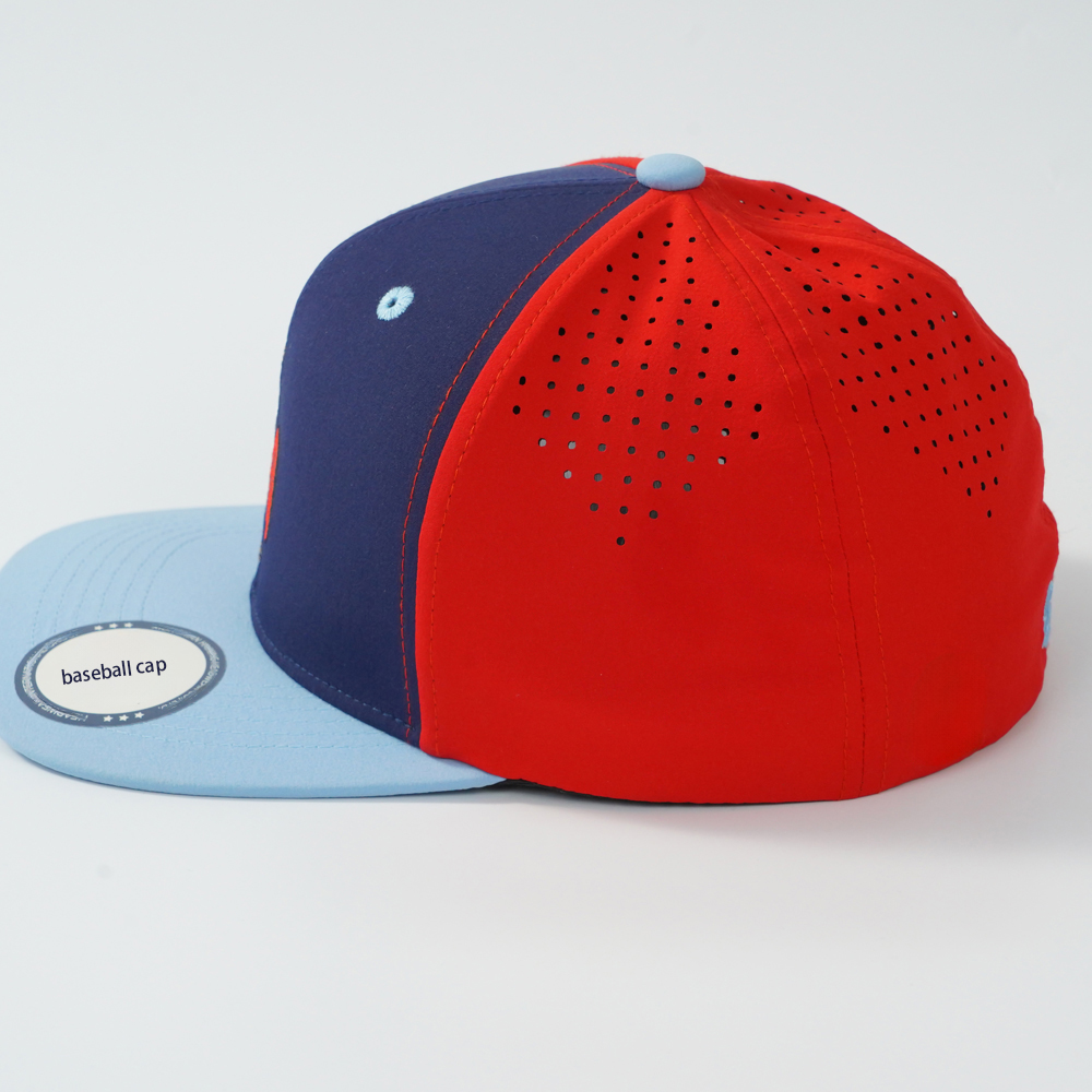 Wholesale Performance Fabric Color Block Flat Bill Snapback Caps Laser Perforated 3D Embroidery for Sports Team Apparel