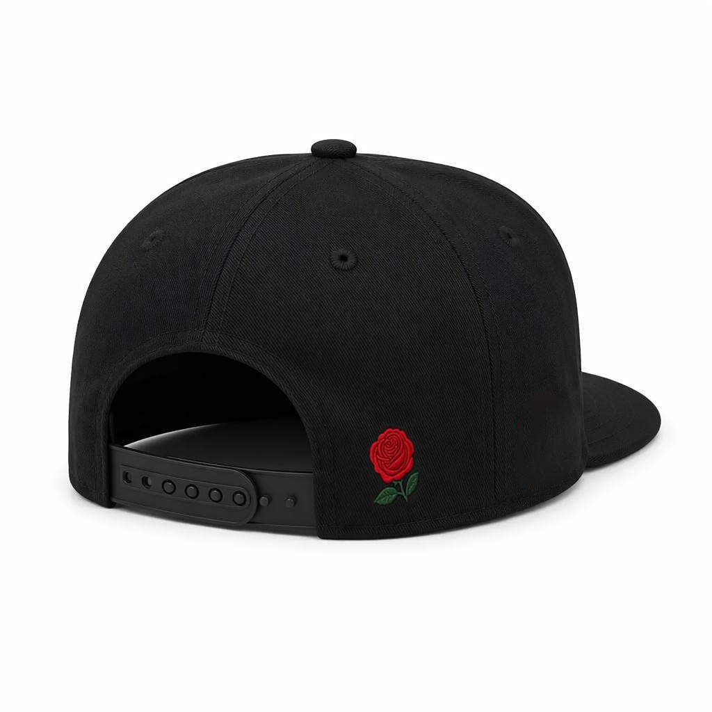 Wholesale Custom 3D Rose Embroidery Snapback Hats | Premium Black Flat Brim Baseball Caps | OEM ODM Floral Streetwear Headwear