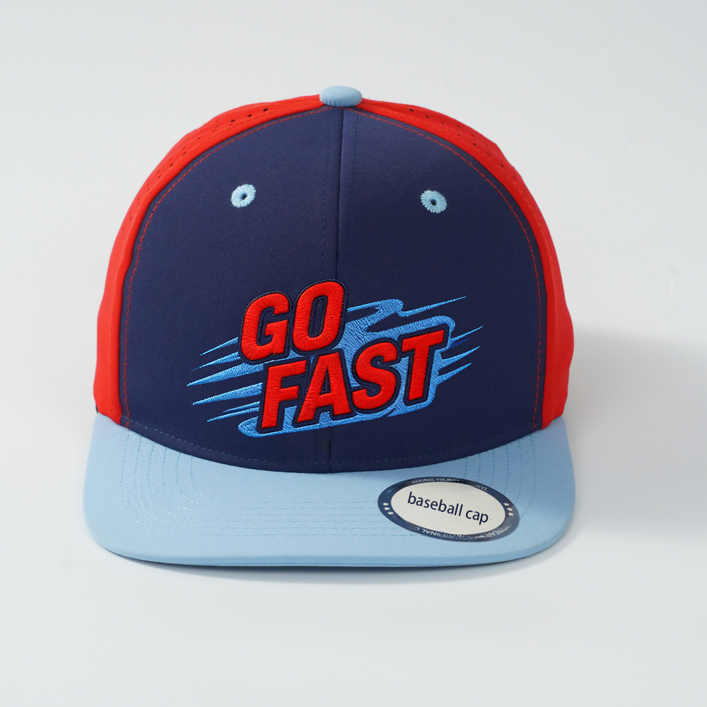 Wholesale Performance Fabric Color Block Flat Bill Snapback Caps Laser Perforated 3D Embroidery for Sports Team Apparel
