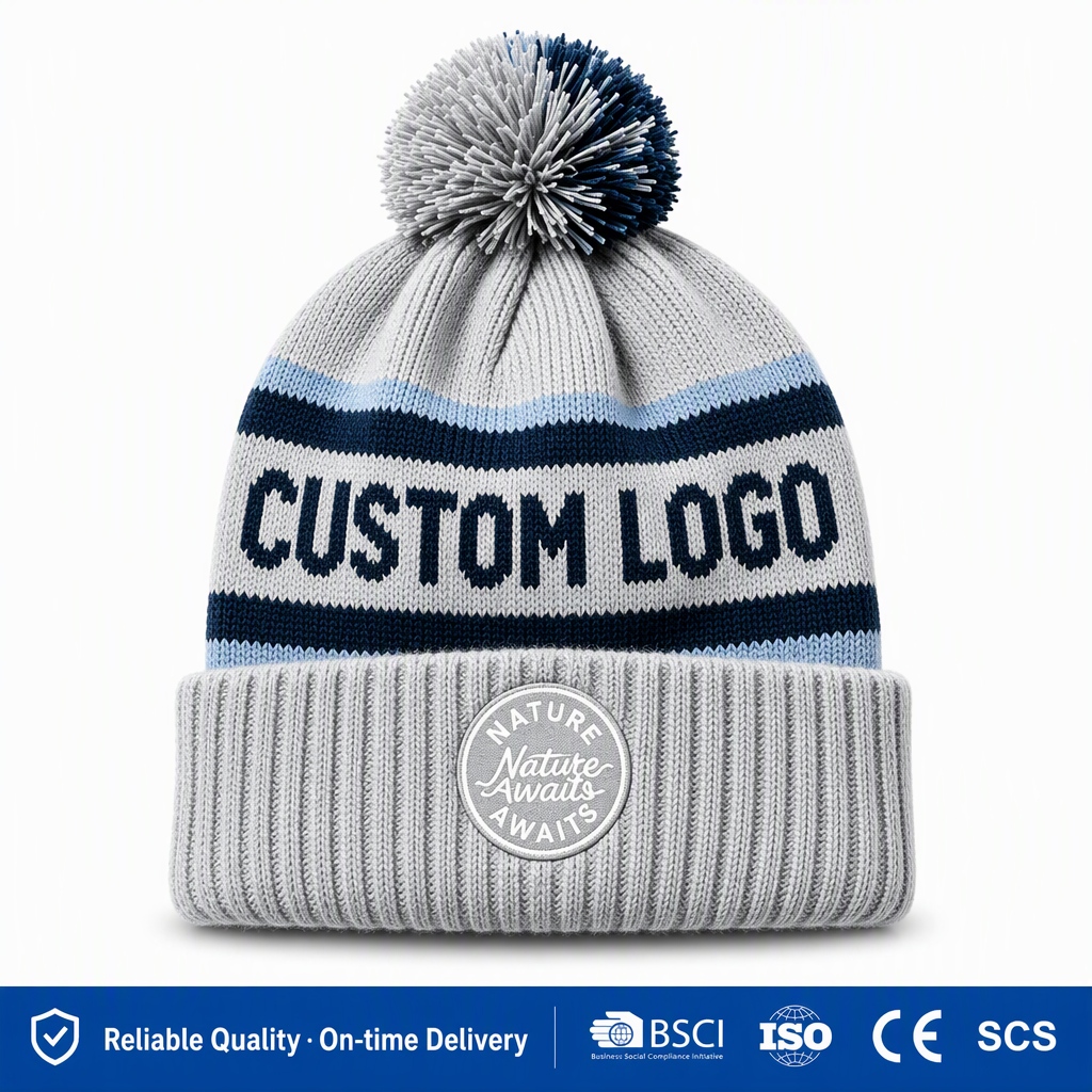 Wholesale Custom Nature Awaits Striped Beanies | Low MOQ 30-50pcs Pom-Pom Hats | BSCI ISO Certified Factory Outdoor Knit Caps