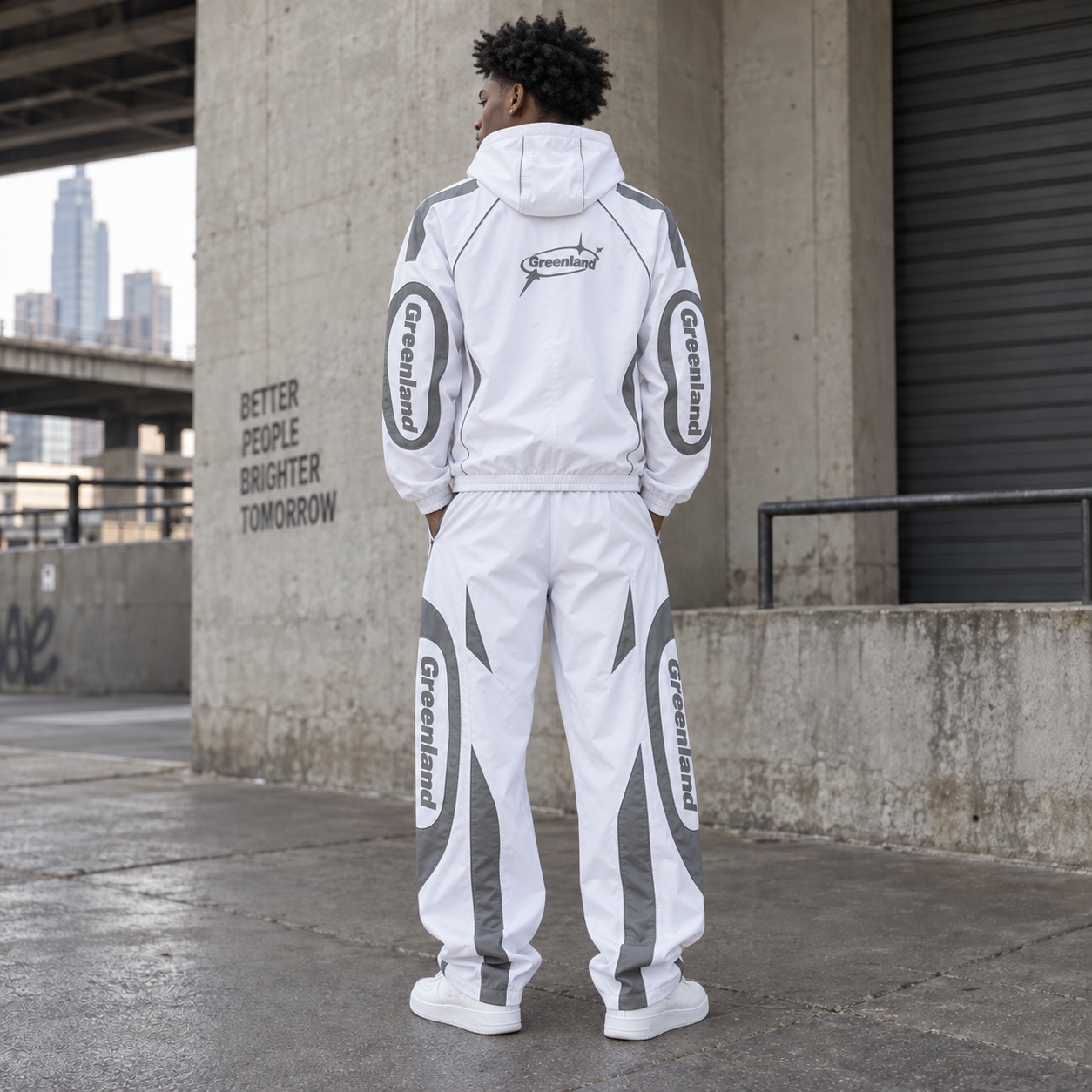 Wholesale Custom Greenland Techwear Tracksuit | Y2K Aesthetic Hooded Windbreaker & Joggers | OEM ODM Urban Sports Apparel Set