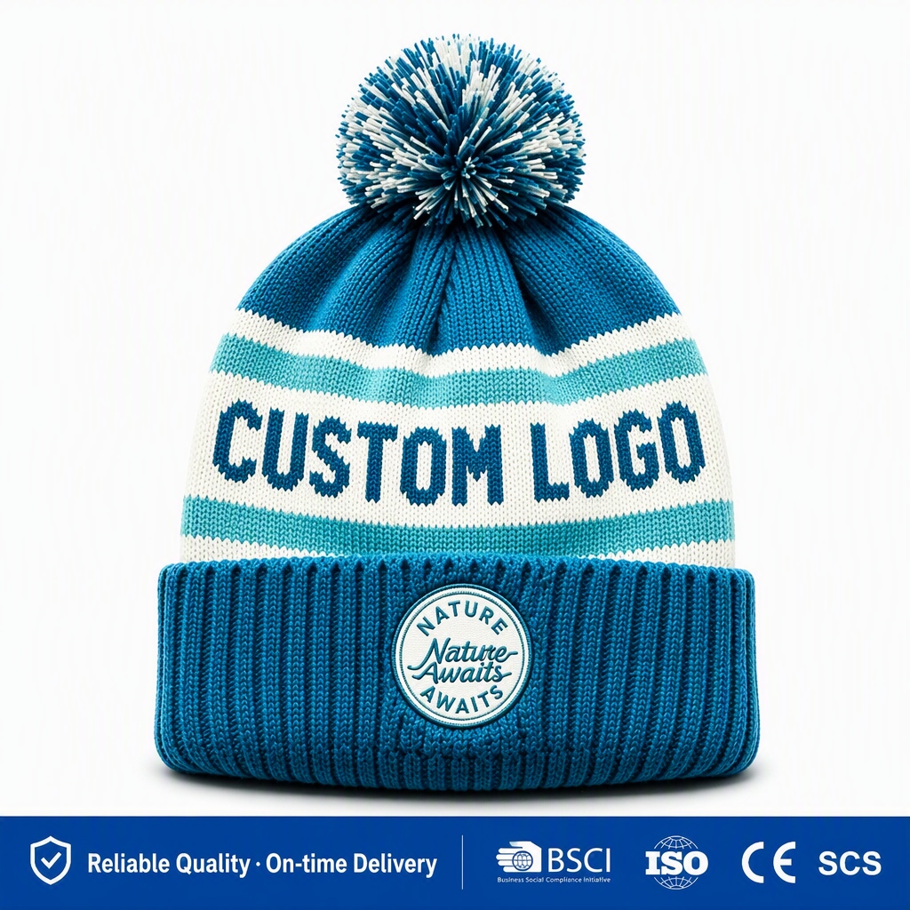 Wholesale Custom Nature Awaits Striped Beanies | Low MOQ 30-50pcs Pom-Pom Hats | BSCI ISO Certified Factory Outdoor Knit Caps