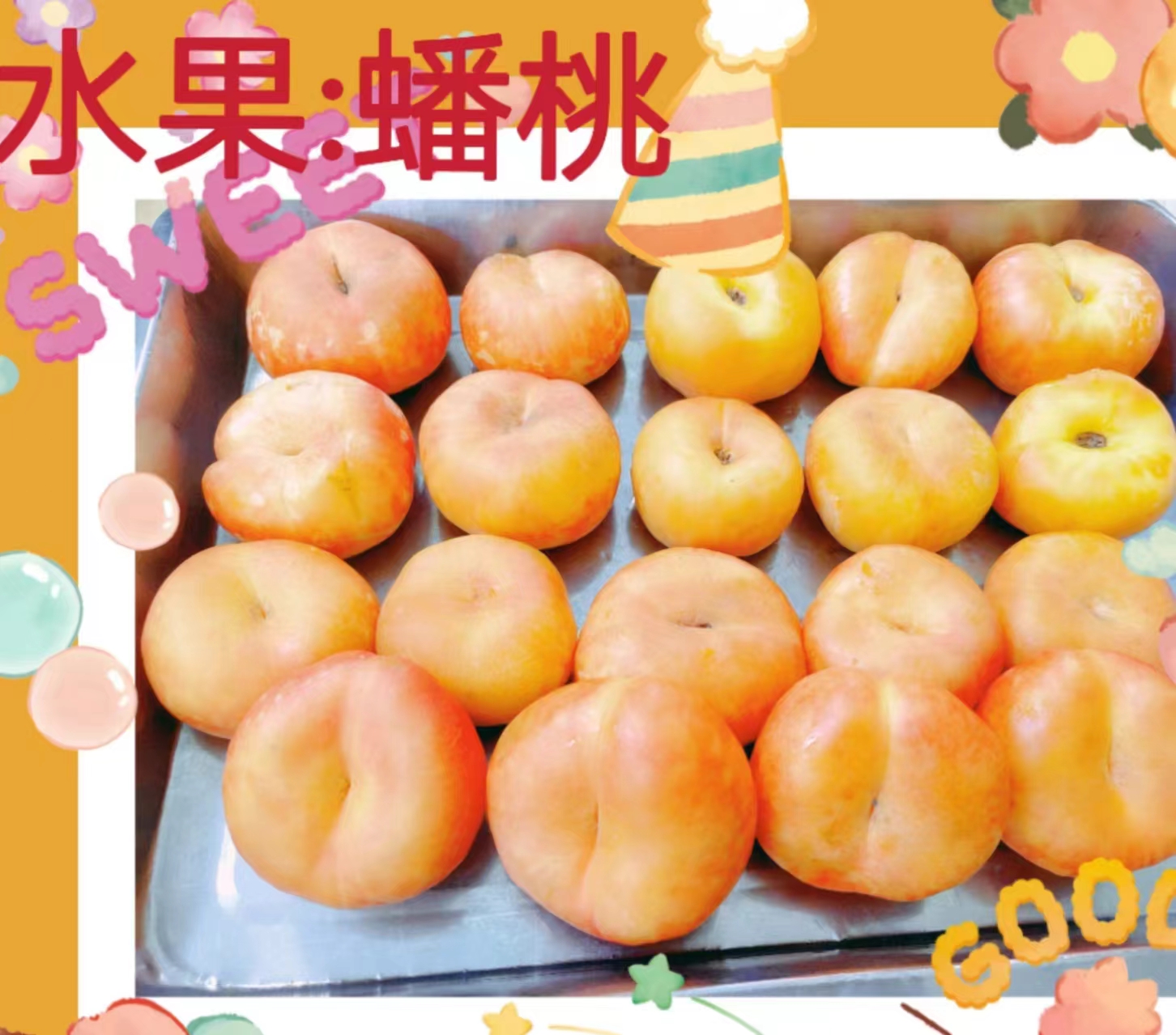 今日水果：蟠桃    蟠桃中有含有多种维生素和矿物质，可以加快人体代谢、血液循环和营养物质的利用，有一定的滋补作用;蟠桃富含果胶和纤维素，滋润身体细胞，吸附肠道代谢物质，有一定的缓解便秘的作用。