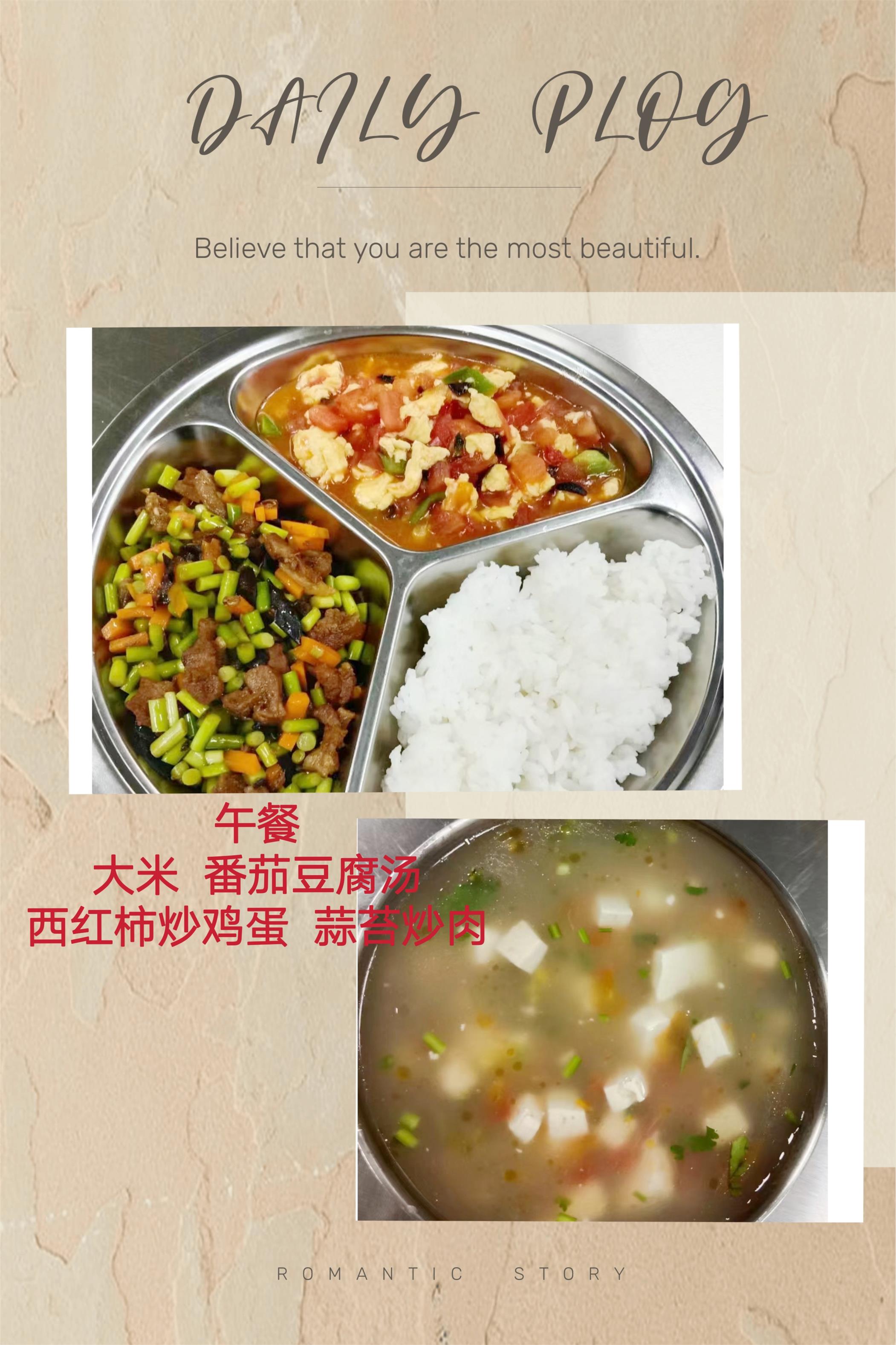 今日午餐营养:     西红柿富含苹果酸、柠檬酸，有帮助消化、润肠通便的作用。     鸡蛋含胆固醇，维生素A和矿物质，具有保护肝脏、保护视力等功效。     大米含蛋白质、脂肪、钙、磷、铁等，具有健