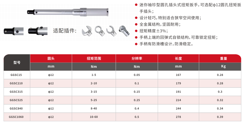 袖珍型圆头式全金属扭矩扳手，1-60Nm