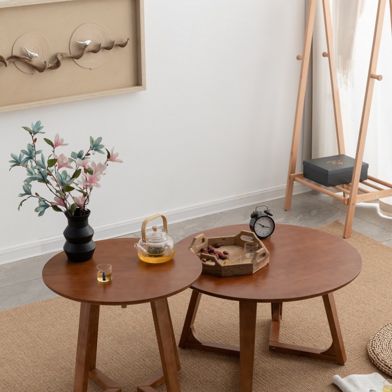实木高低圆茶几