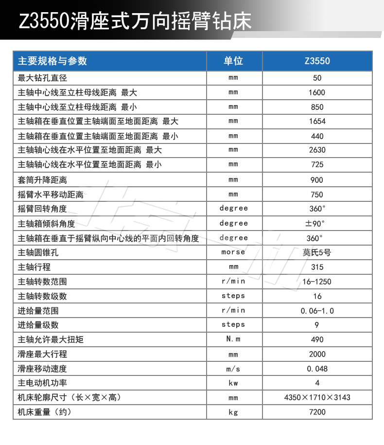 北一Z3550滑座式万向摇臂钻床参数