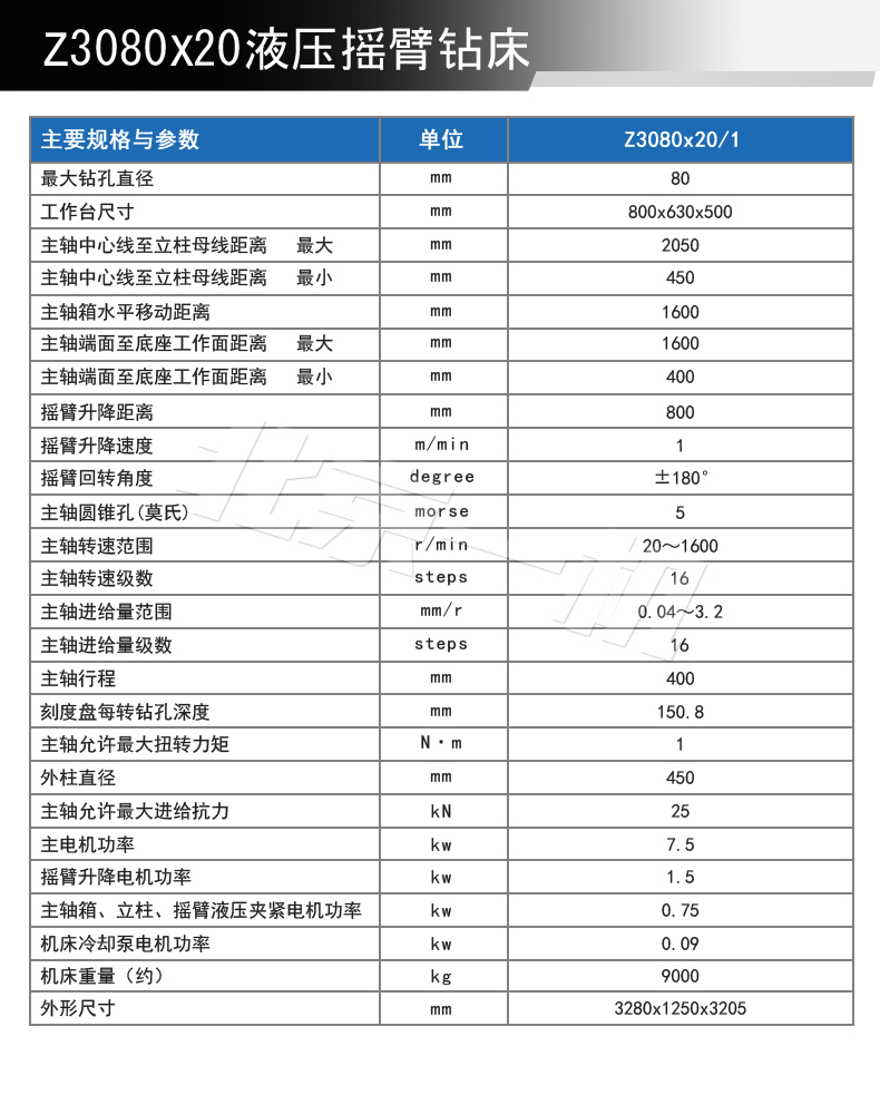 北一z3080x20摇臂钻床参数