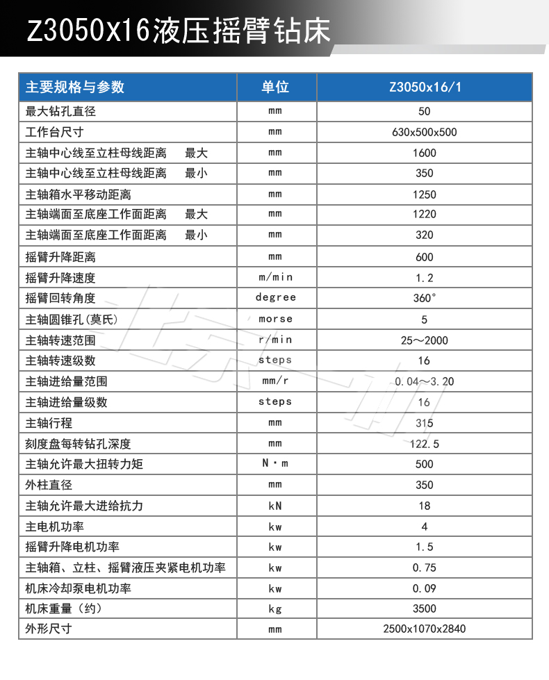 北一Z3050液压摇臂钻床参数