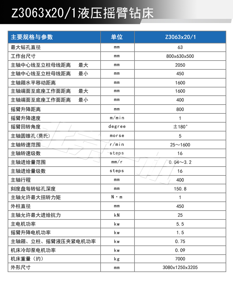 北一z3063x20液压摇臂钻床参数