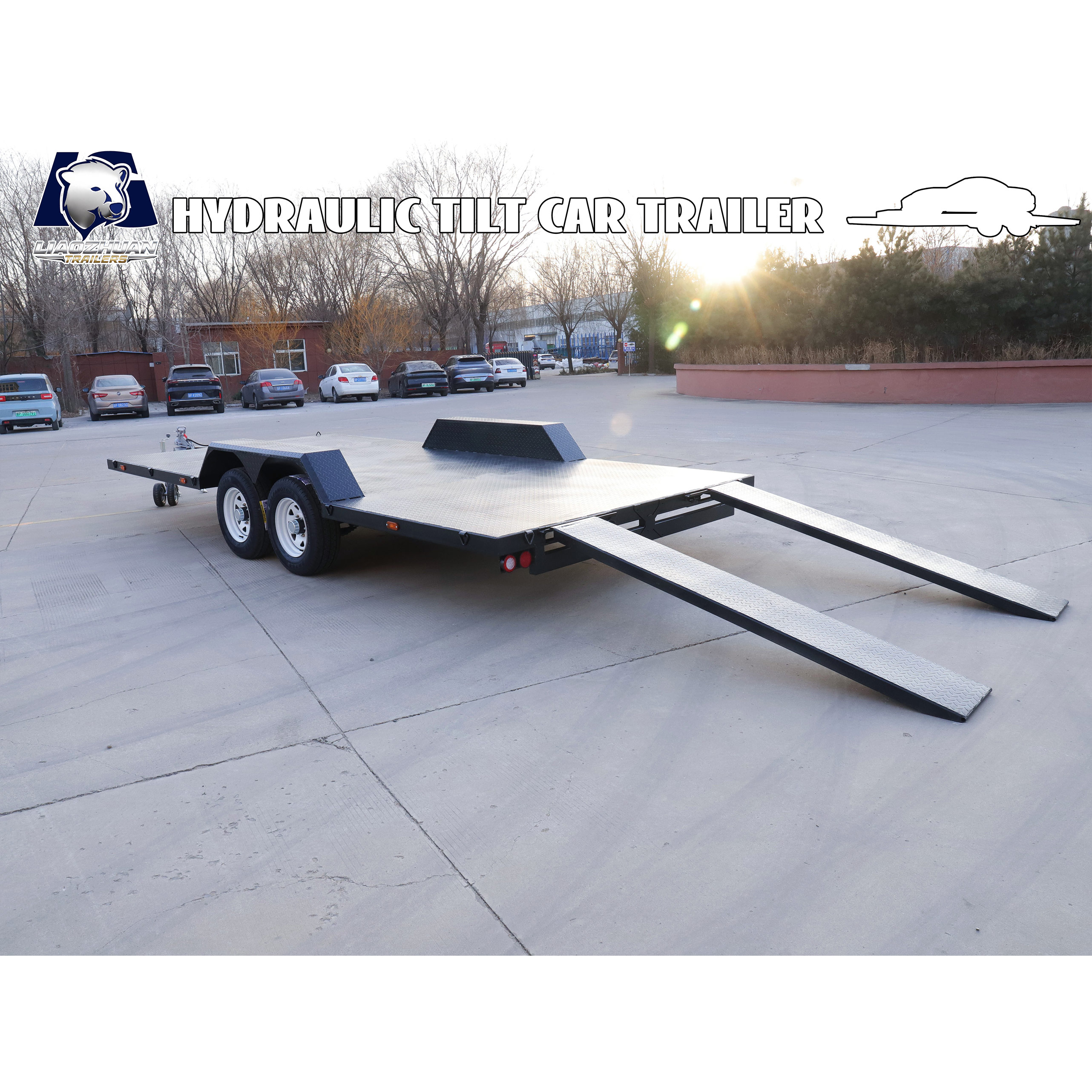 Dual-axle black painted car trailer