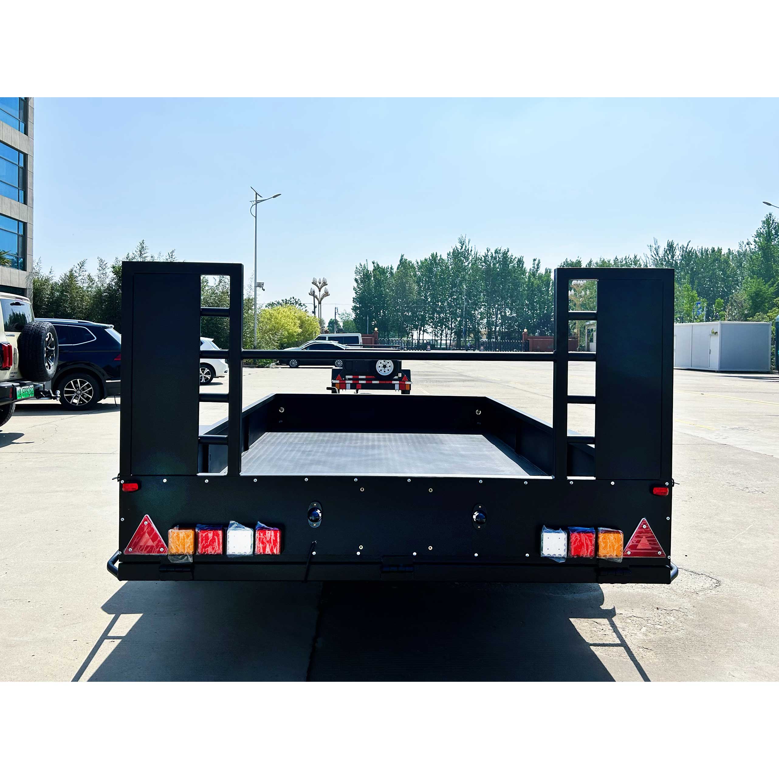 Agricultural fence truck trailer with mid-mounted axle for towing goods trailer