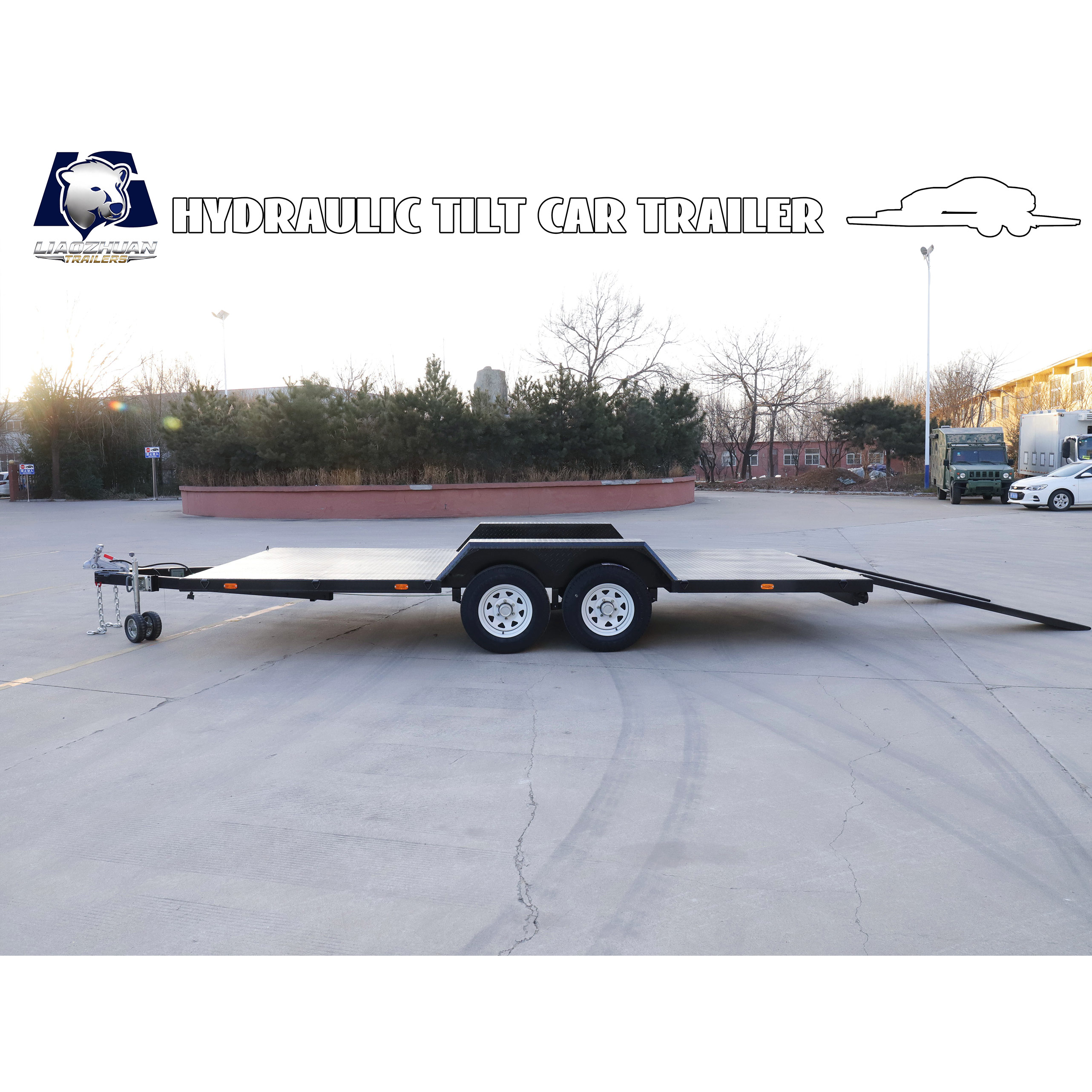 Dual-axle black painted car trailer