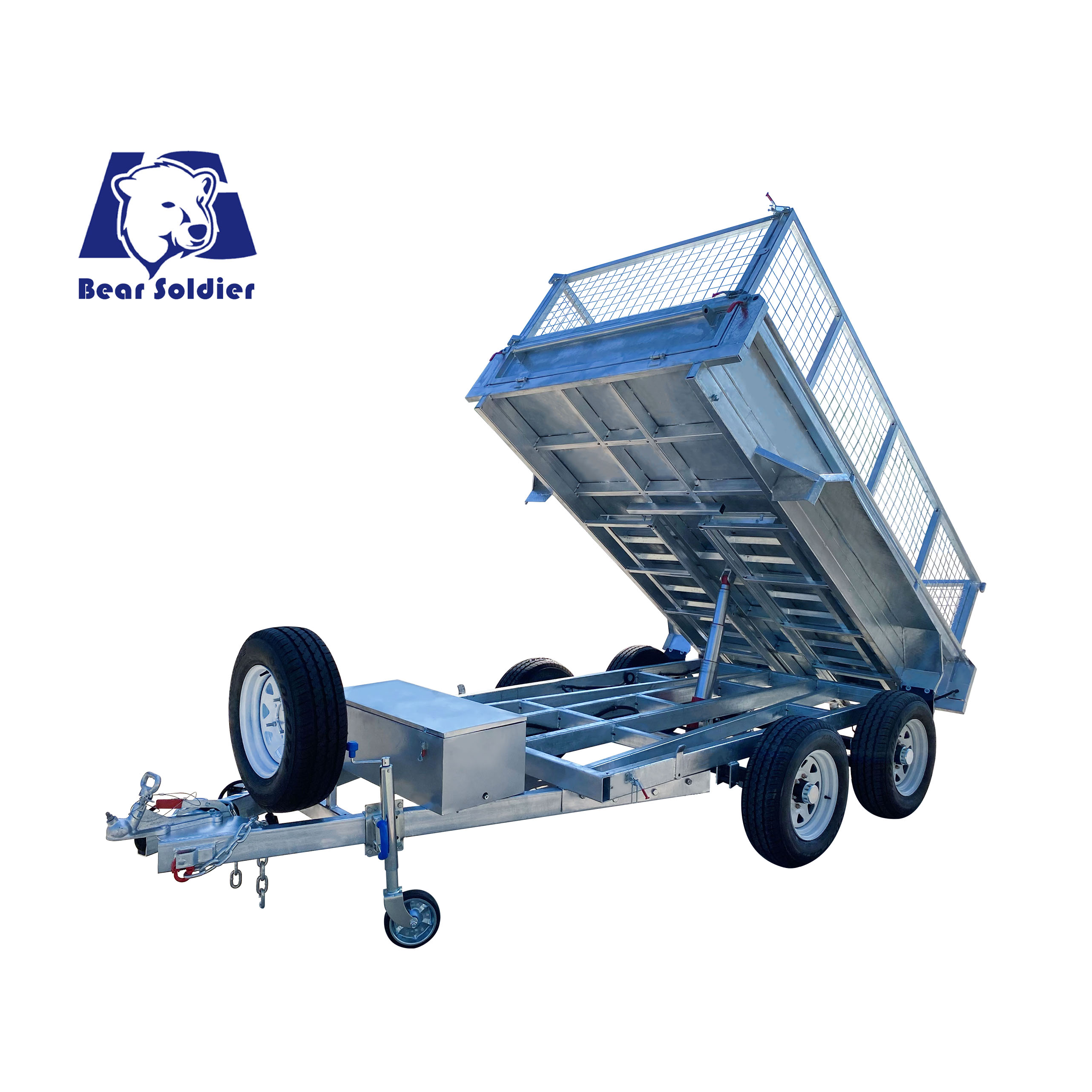 Double-axis tipping cage trailer with tires
