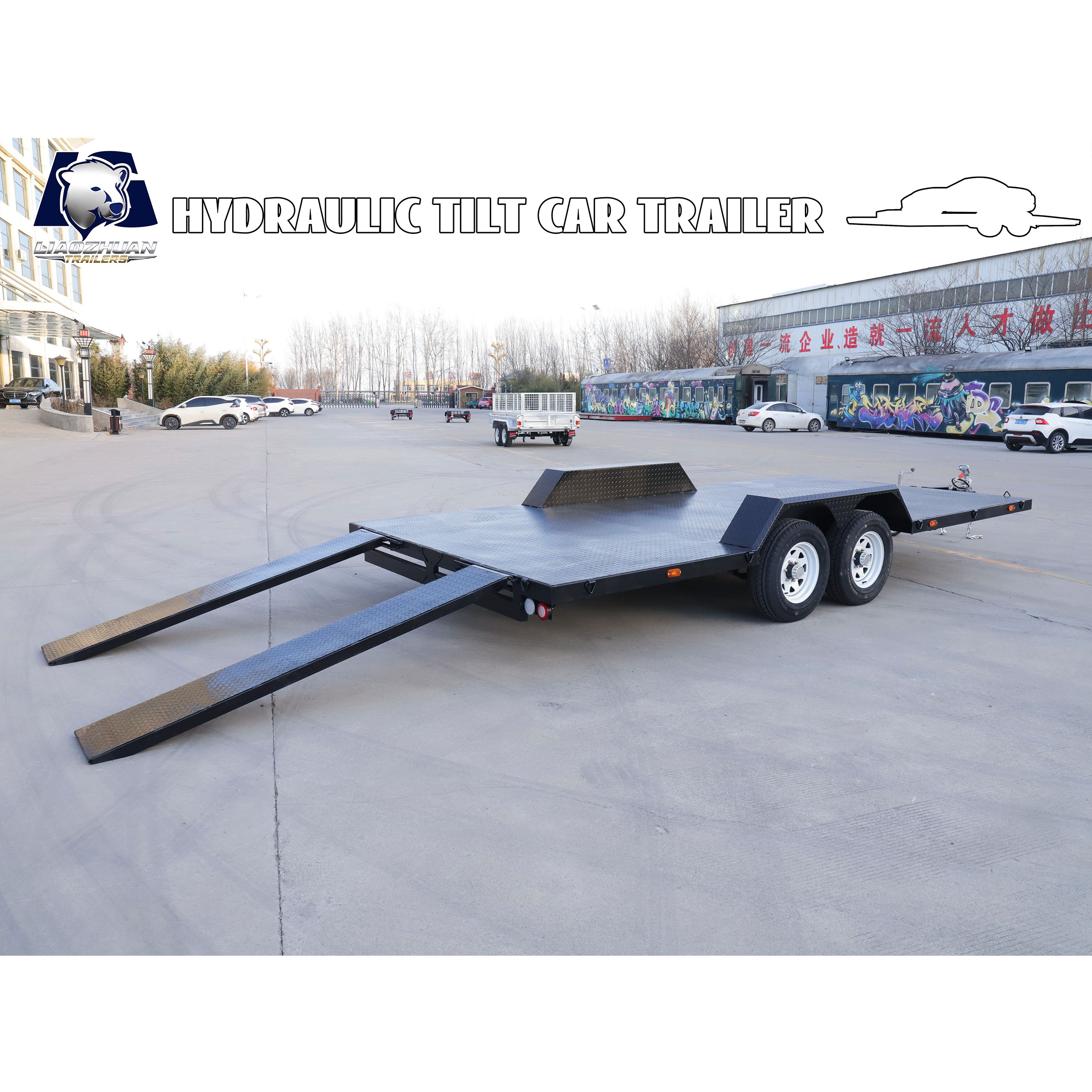 Dual-axle black painted car trailer
