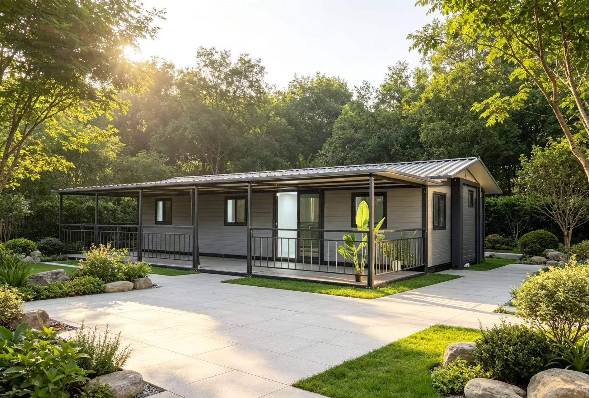 Finished prefabricated villa with veranda and landscaping