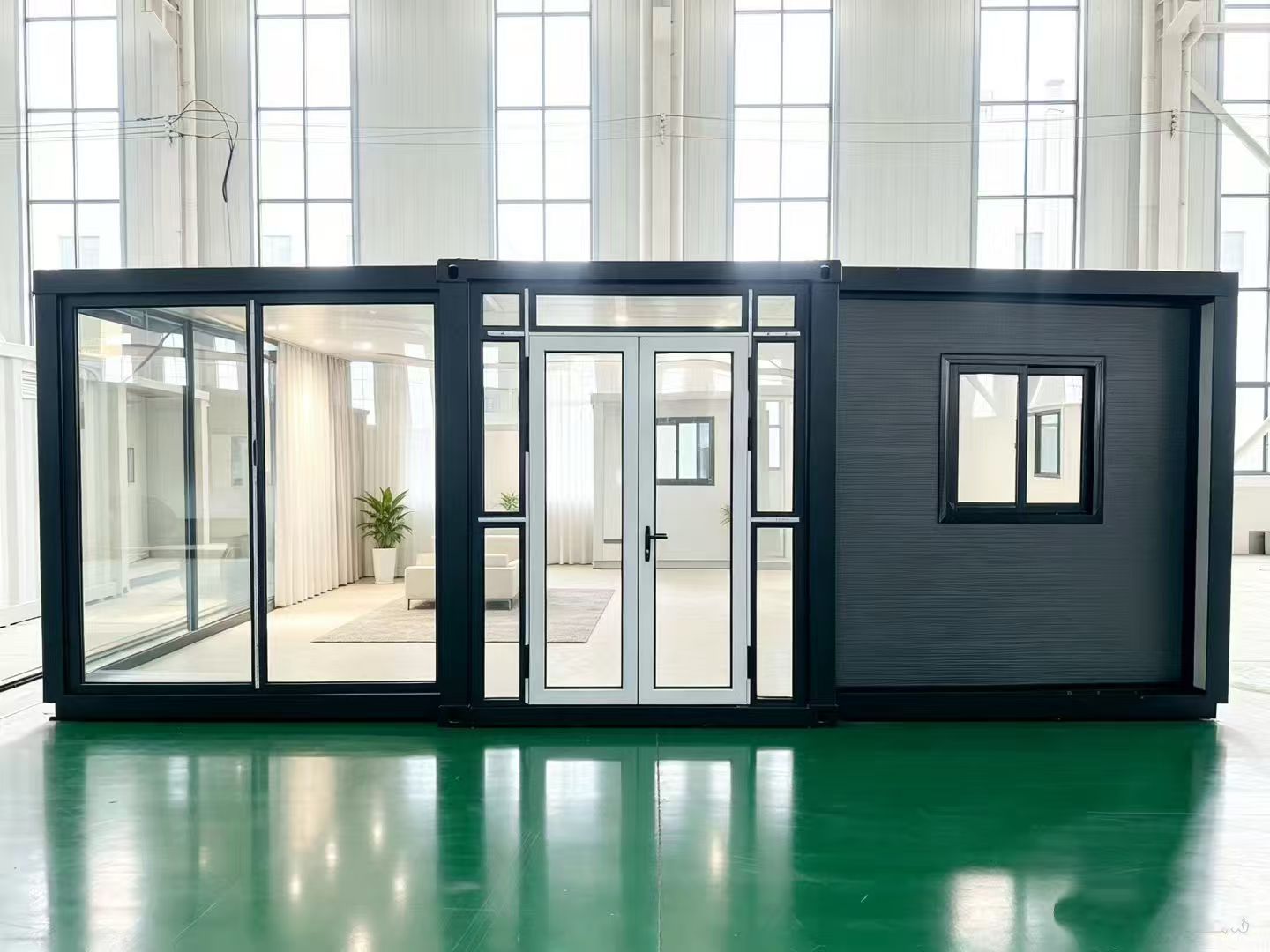 20ft Full-Glass Expandable Container House | Black Frame Panorama 38 sqm