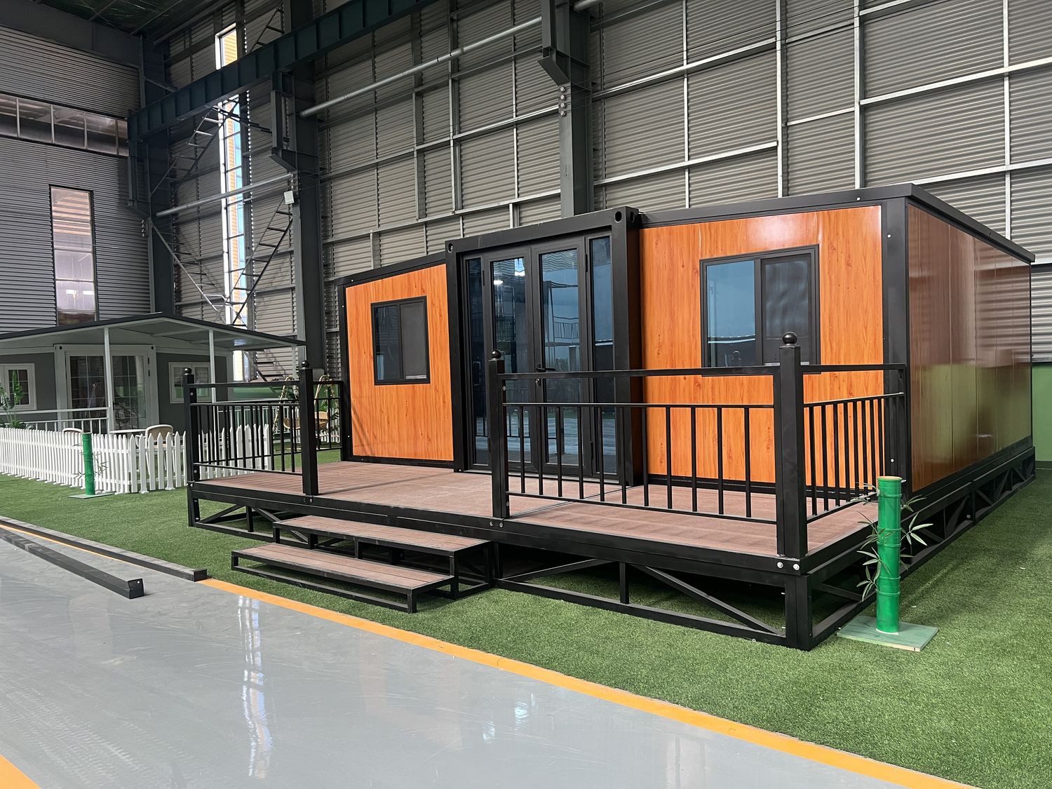 20ft Brown Wood-Grain Expandable Container House with Terrace | 38 sqm + Deck