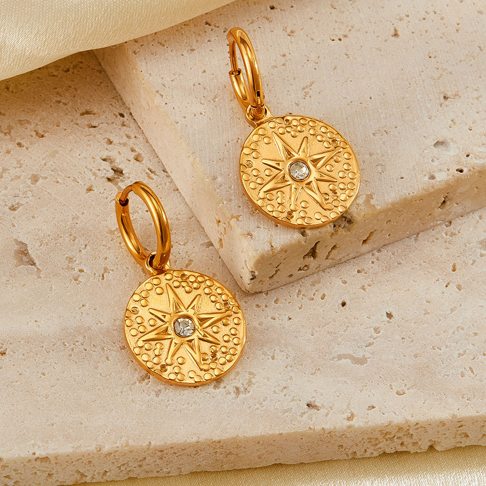 European and American fashion octagonal star earrings for women, diamond studded zircon, French retro stainless steel earrings wholesale