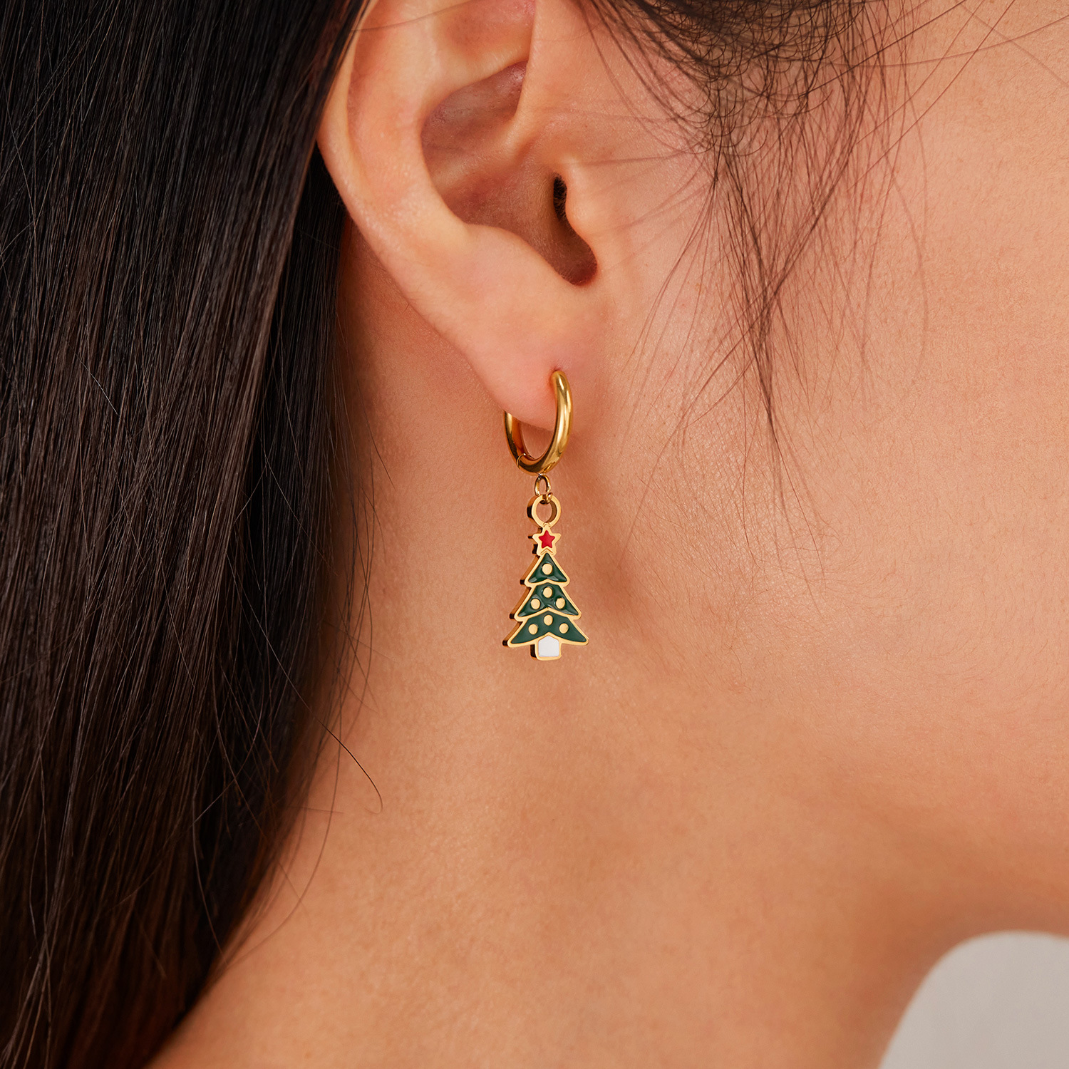 European and American Christmas Tree Colored Drip Oil Earrings for Women, Fashion, Niche, Personalized, Versatile Titanium Steel Earrings and Earrings
