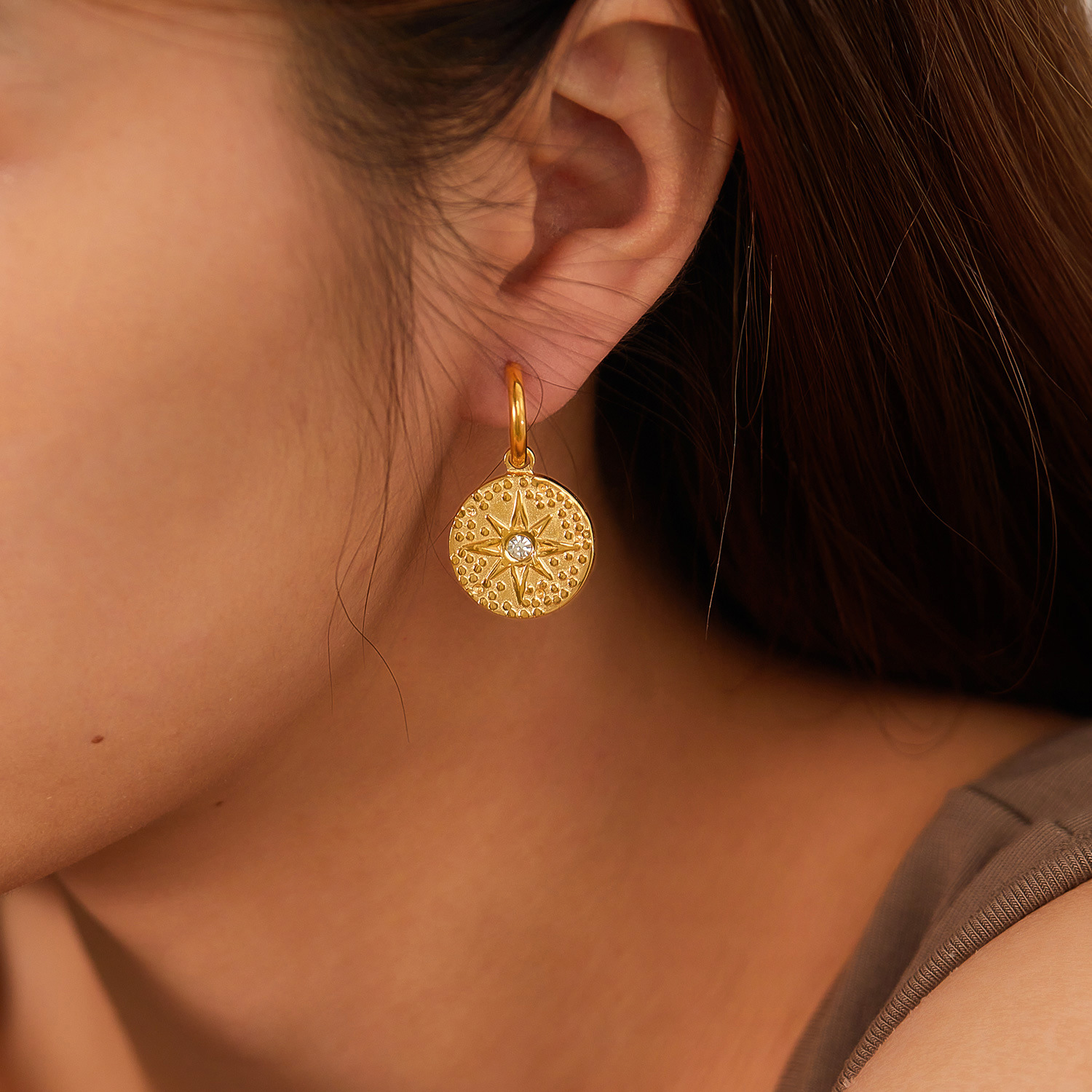 European and American fashion octagonal star earrings for women, diamond studded zircon, French retro stainless steel earrings wholesale