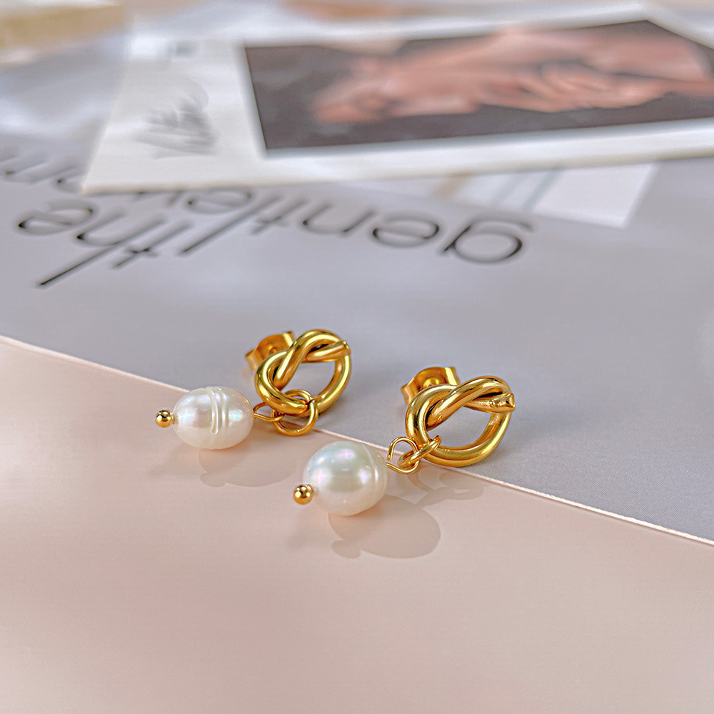 INS style light luxury temperament natural freshwater pearl earrings accessories knot fashion versatile titanium steel earrings women's accessories