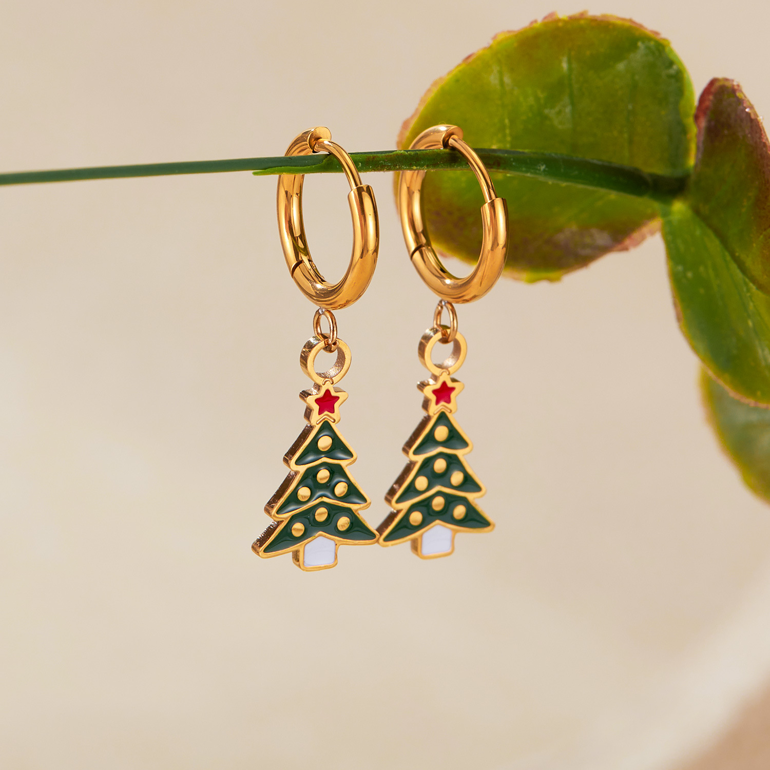 European and American Christmas Tree Colored Drip Oil Earrings for Women, Fashion, Niche, Personalized, Versatile Titanium Steel Earrings and Earrings