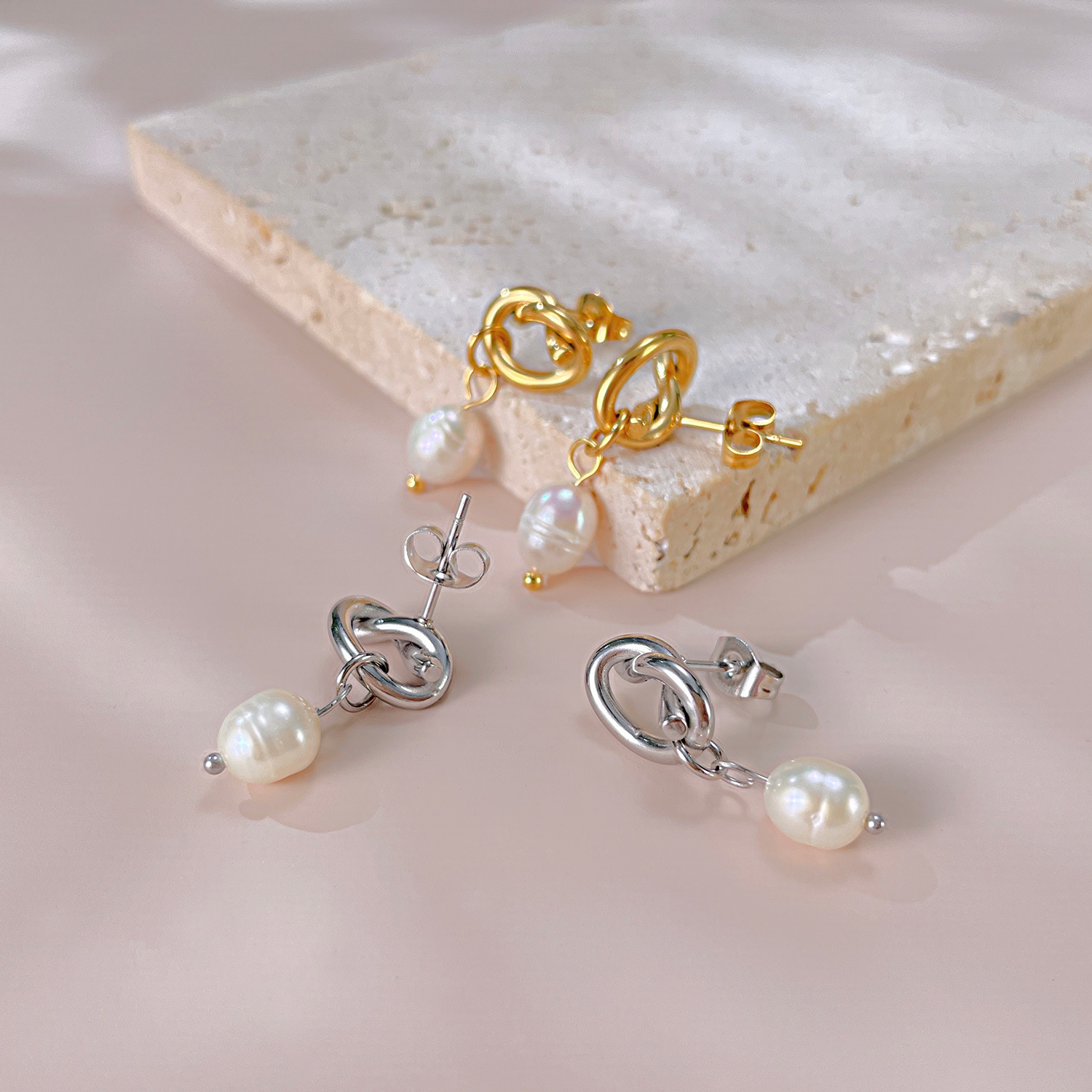 INS style light luxury temperament natural freshwater pearl earrings accessories knot fashion versatile titanium steel earrings women's accessories