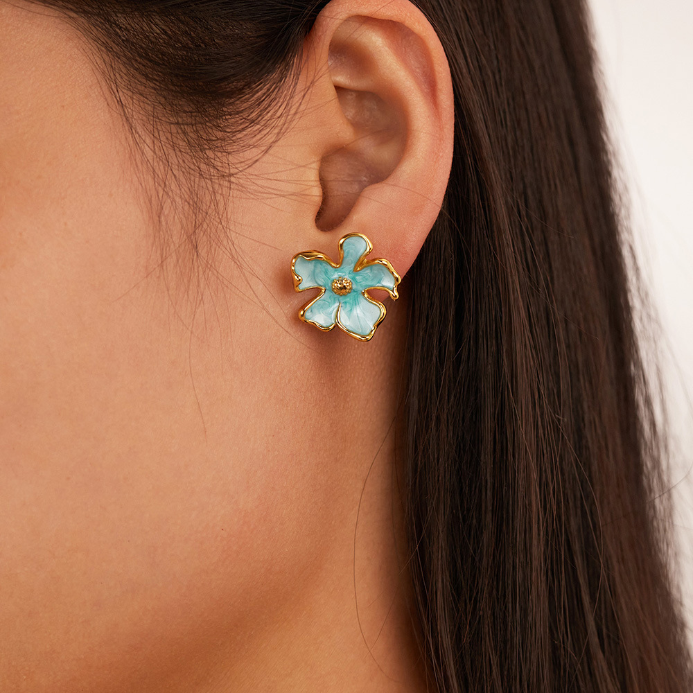 Blue French Light Luxury Enamel Drip Flower Stud Earrings