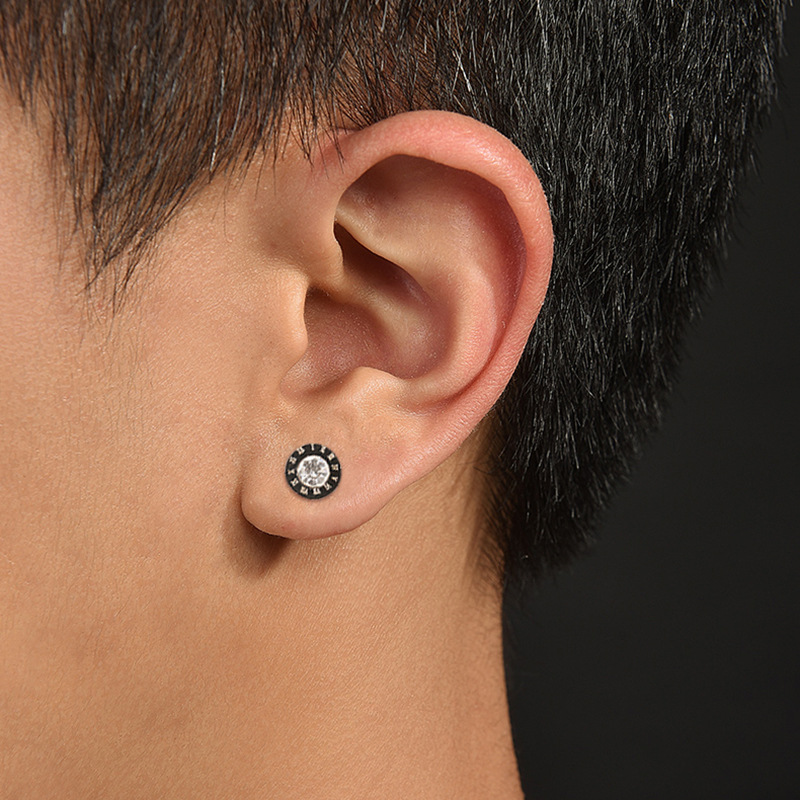 Japanese and Korean punk style personalized black titanium steel earrings, hip-hop street trendy men's Roman digital earrings