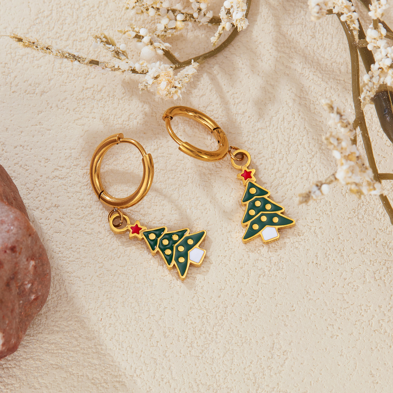 European and American Christmas Tree Colored Drip Oil Earrings for Women, Fashion, Niche, Personalized, Versatile Titanium Steel Earrings and Earrings