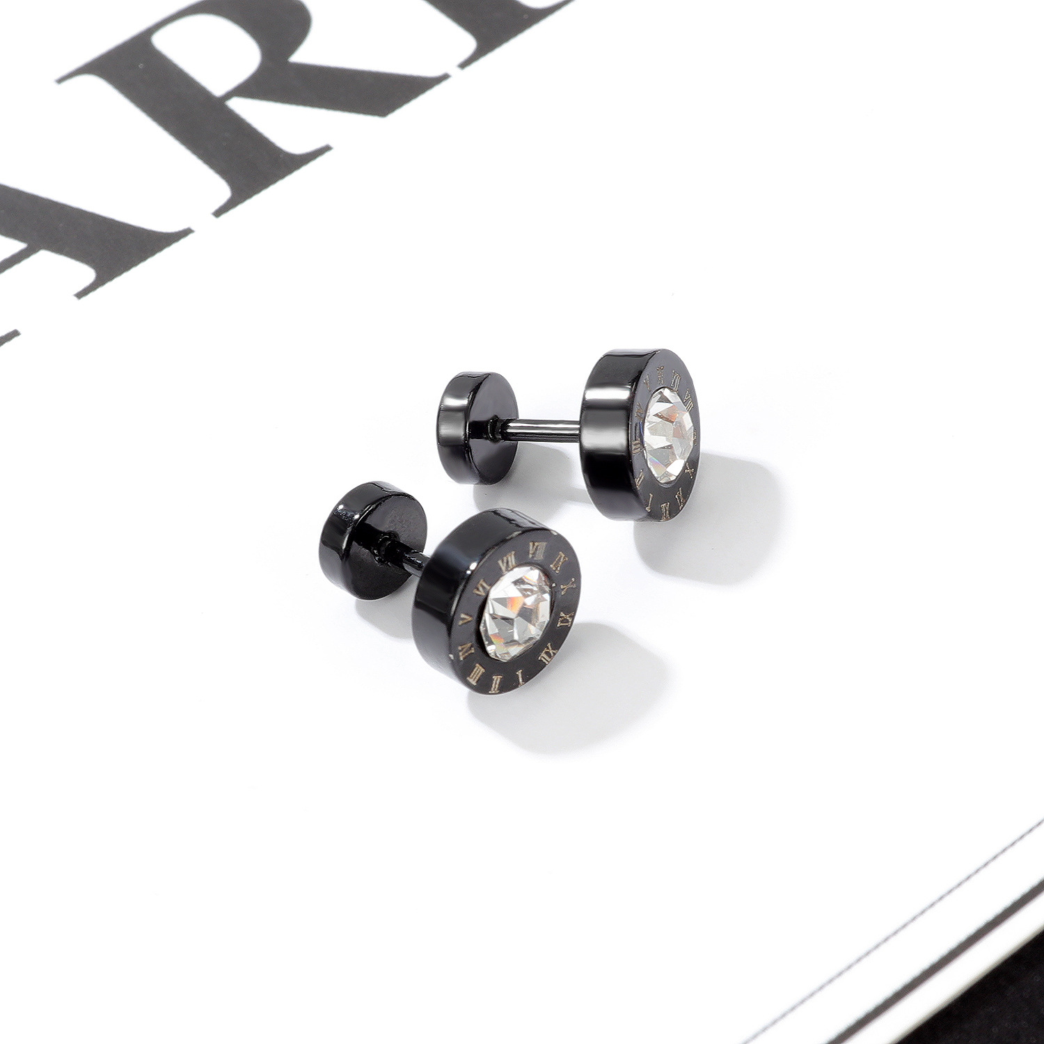 Japanese and Korean punk style personalized black titanium steel earrings, hip-hop street trendy men's Roman digital earrings