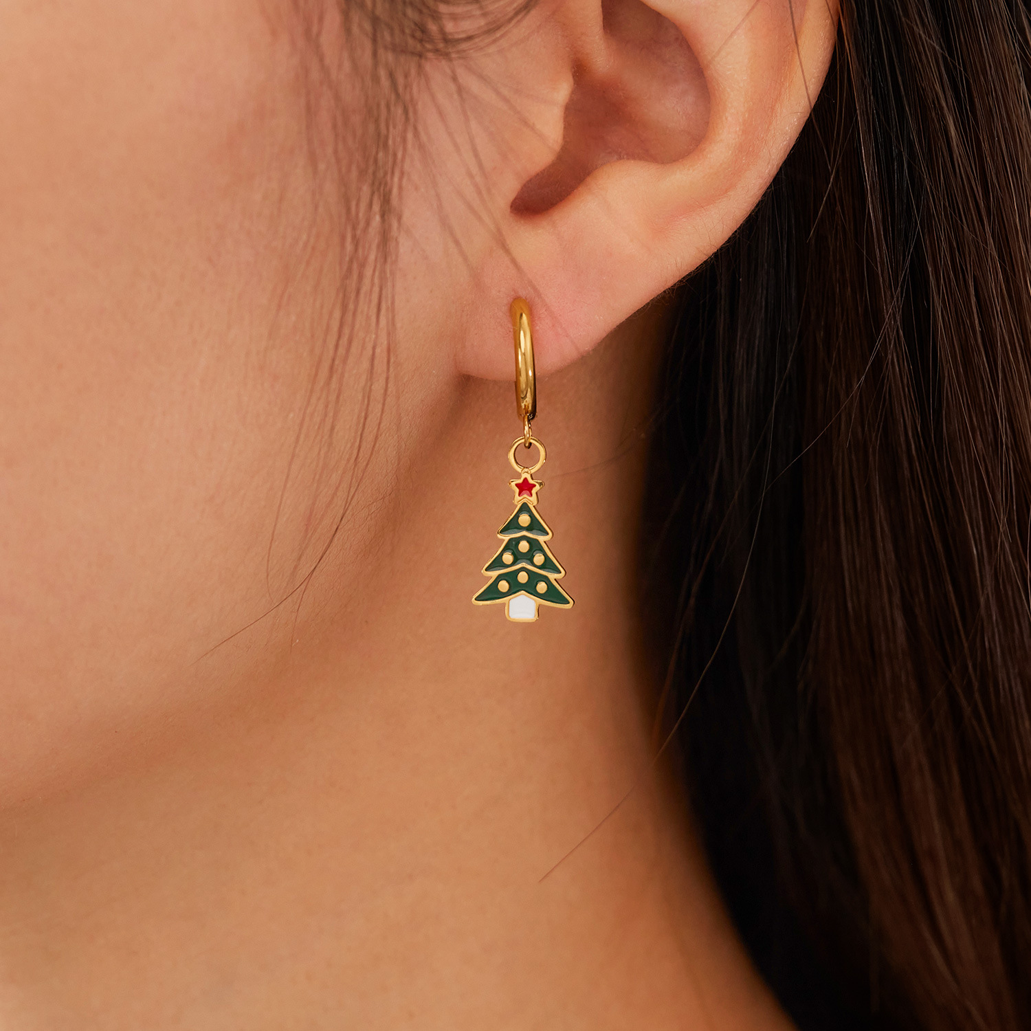 European and American Christmas Tree Colored Drip Oil Earrings for Women, Fashion, Niche, Personalized, Versatile Titanium Steel Earrings and Earrings