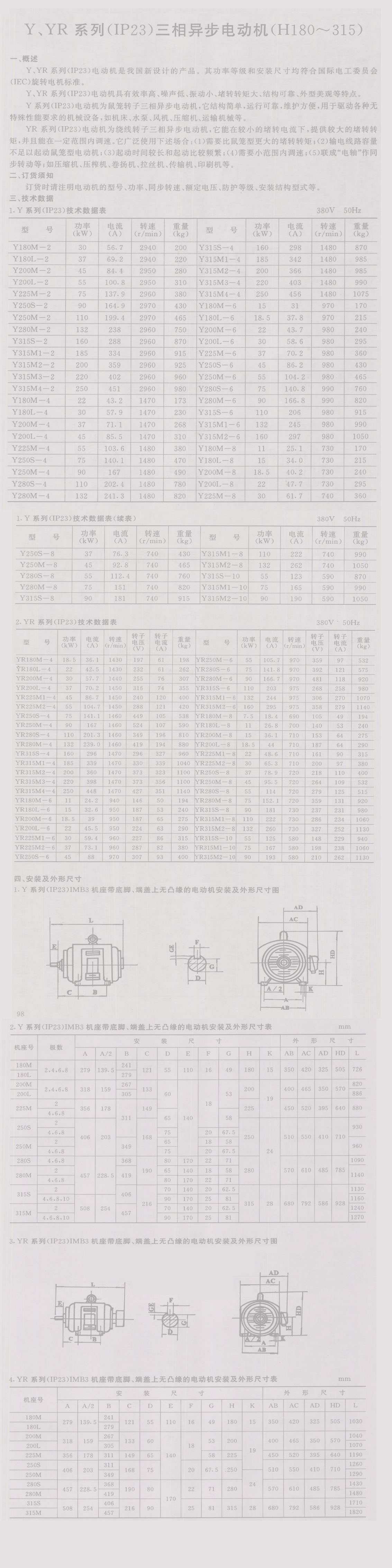 Y、YR系列（IP23）三相异步电动机（H180-315)内容1