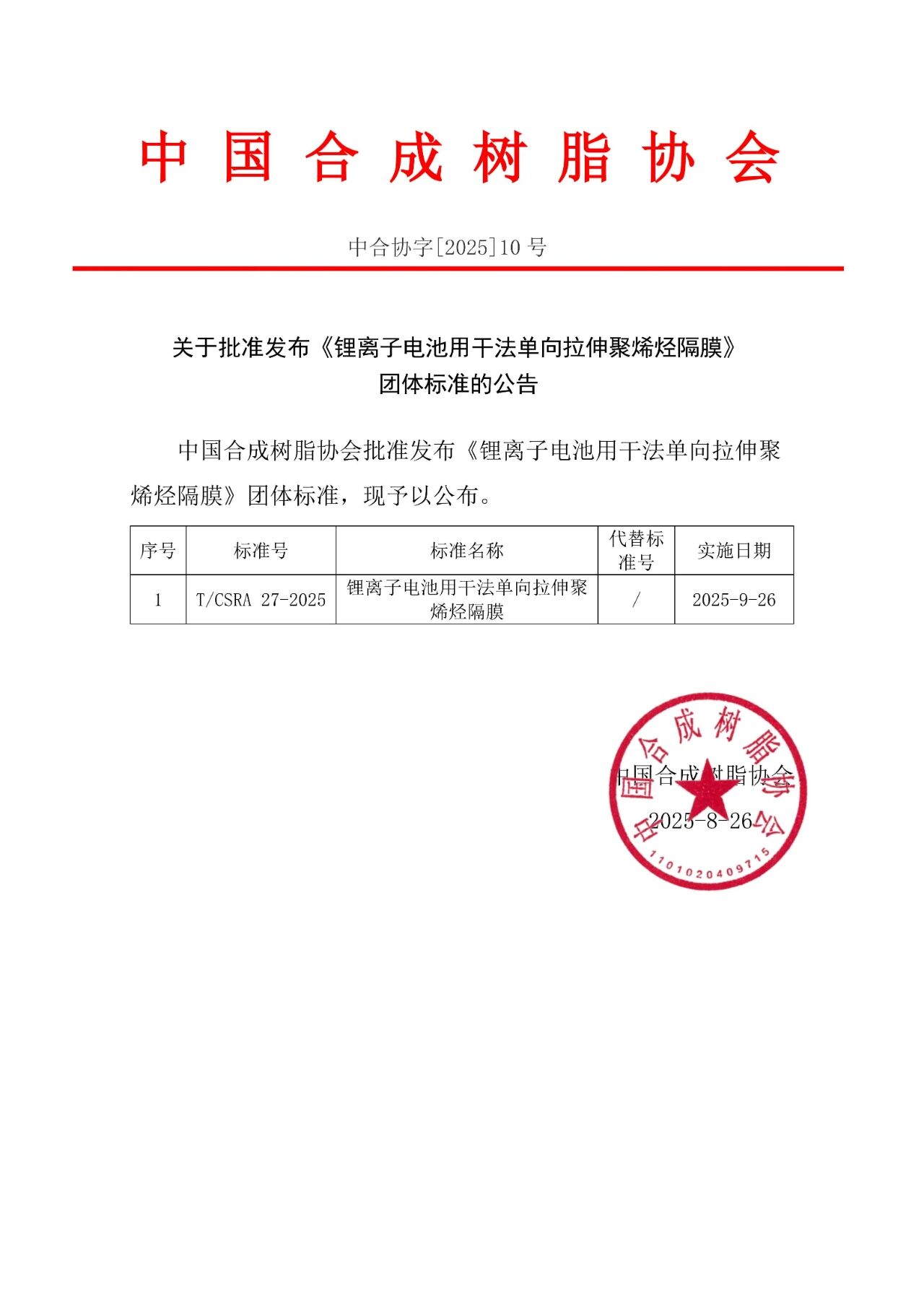 关于批准公布《锂离子电池用干法单向拉伸聚烯烃隔膜》团体标准的公告