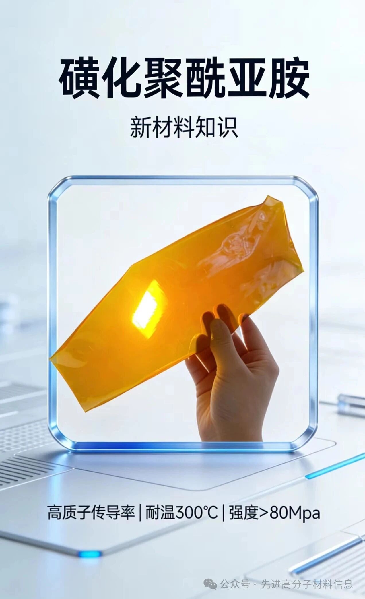 磺化聚酰亚胺是对高性能聚酰亚胺进行化学改性得到的功能性高分子，通过在分子主链或侧链引入磺酸基团（-SO₃H），让原本绝缘的聚酰亚胺具备了高效的质子传导能力。