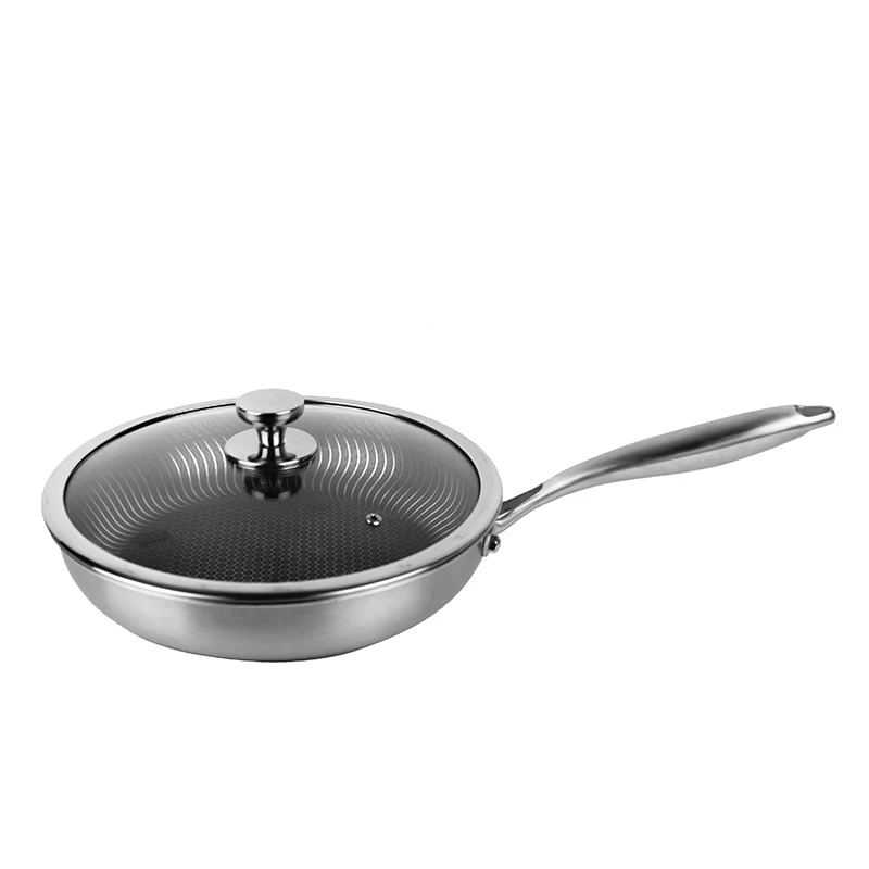 High Quality 20cm 24cm 28cm Pan Food Stainless Steel Honeycomb Frying Pan With Glass Lid